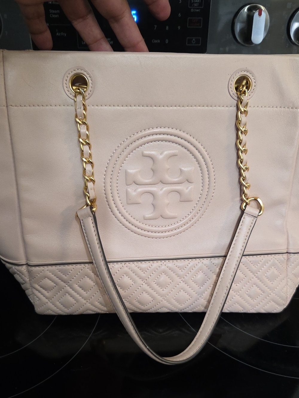 Tory Burch Light Pink Quilted Leather Tote with Gold Chain Straps